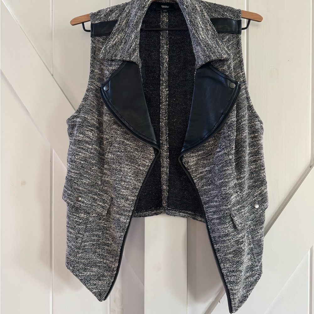 Mossimo Textured Black/White Vest with Black Faux Leather Accents